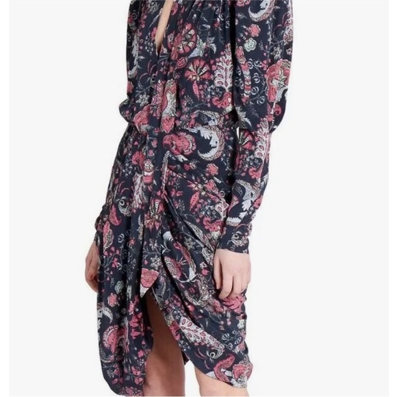 Isabel Marant Batoa Dress Navy Pink Floral Silk Crepe Long Sleeved Neck Tie NWOT - Picture 6 of 16